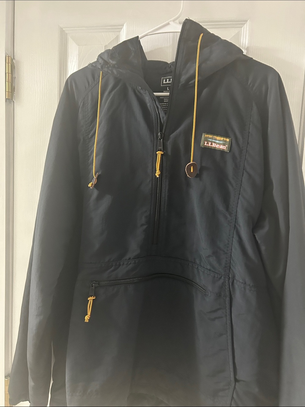 L.L. Bean Navy Hooded Windbreaker with Yellow Drawcords